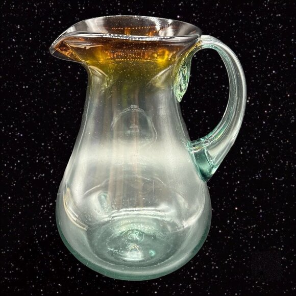 Handblown Art Glass Pitcher Clear w Brown Ombre Applied Handle 9”T 5”W - Picture 3 of 12